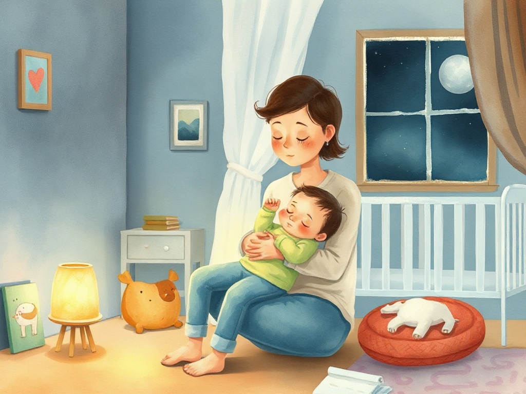 A parent cradling a sleepy baby in a dimly lit nursery at night, a warm lamp glowing and a full moon in the window — a soft watercolour bedtime scene.
