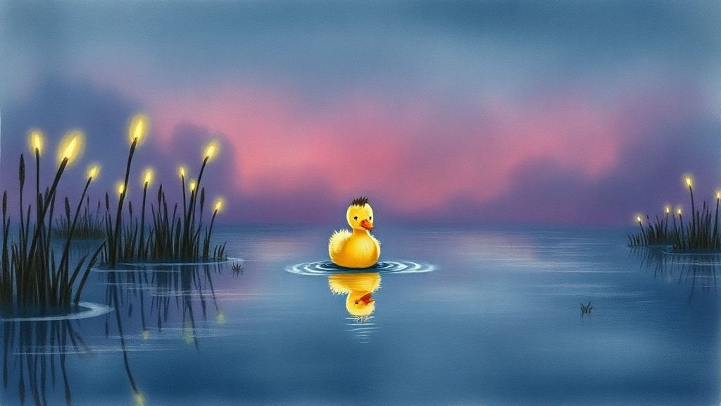 A tiny duckling paddles alone across a glassy, mirror-dark marsh at dusk, with soft glowing will-o'-the-wisps rising one by one above the reeds ahead of her, the sky just deepening to violet.