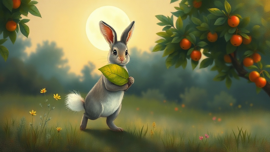 A tiny bunny with soft grey fur hops alone through a lush moonlit garden at dusk, holding a single large luminous green leaf gently in his mouth, the apple tree visible in the soft distance.
