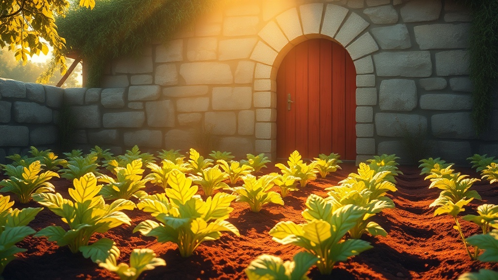 A sunlit cottage garden in early spring, neat rows of leafy carrot tops growing in dark fertile soil, a low weathered st…