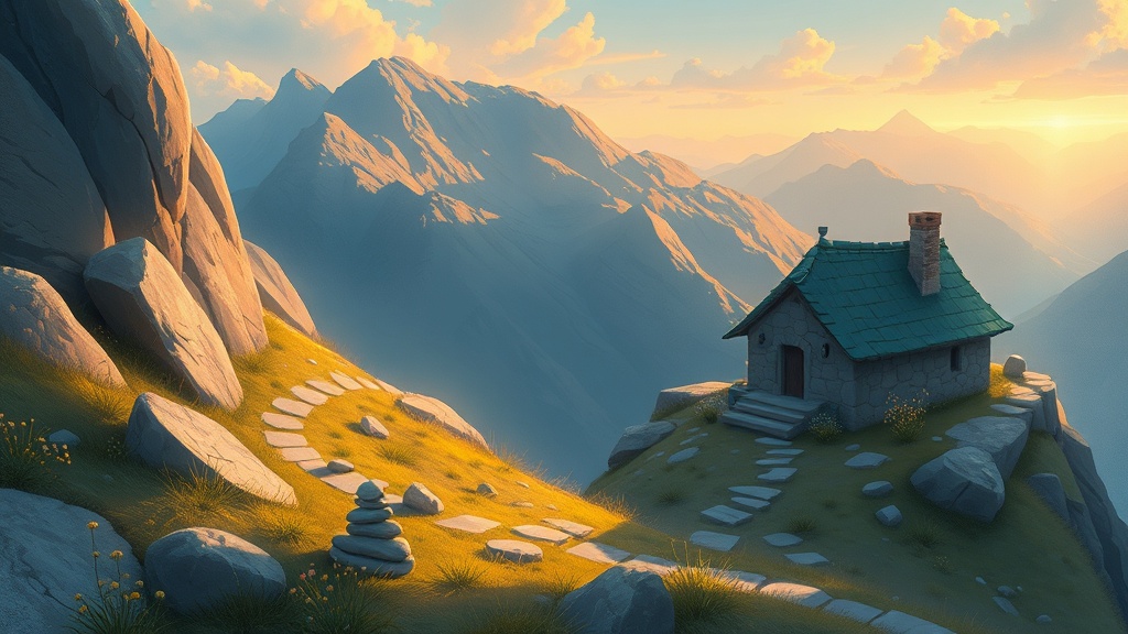 A wide high mountain pass at dawn, smooth carved stones piled into small cairns along a winding path, tough little flowe…