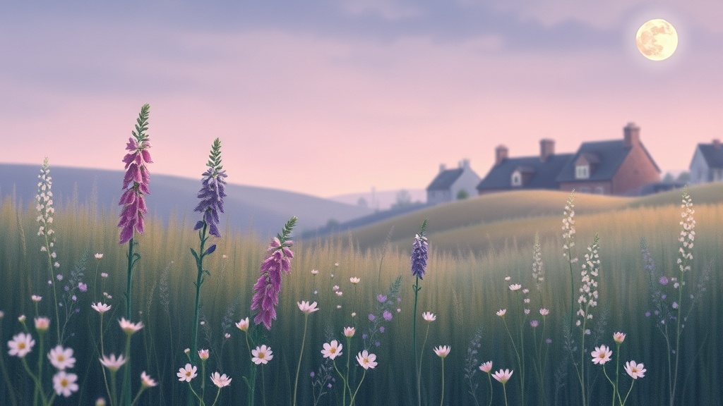 A still wildflower meadow at the edge of a sleeping village in twilight, soft clover and tall foxglove and pale moonbell…