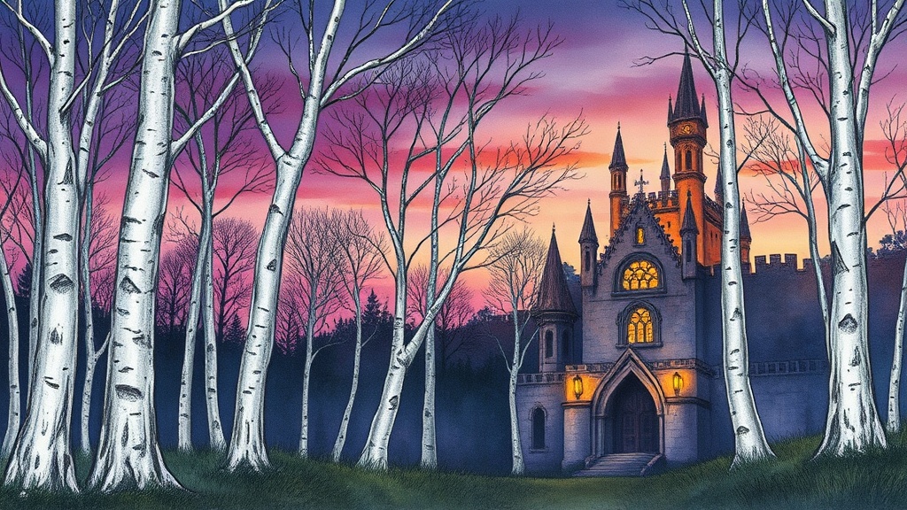 A twilight scene at the edge of a magical wood, silver-barked trees leaning inward at the treeline, the sky deep purple…