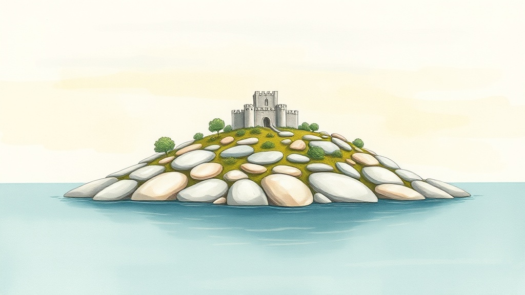 A wide view of a small island made entirely of smooth, rounded river stones in pale grey and soft gold, with a compact s…