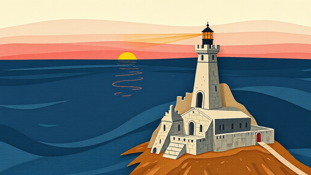 A small stone castle perched at the edge of a vast dark sea, with a tall lighthouse sending a warm gold beam across the…