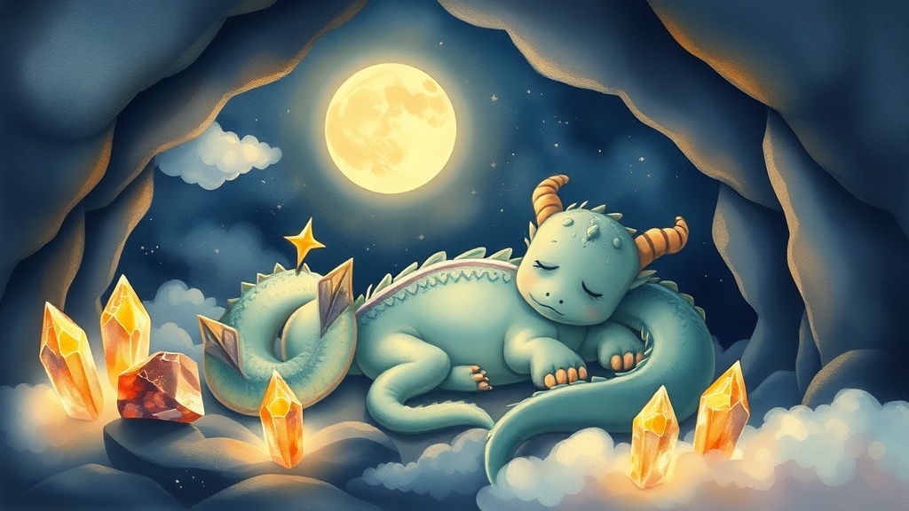 A friendly emerald dragon in a garden — a watercolour bedtime illustration.