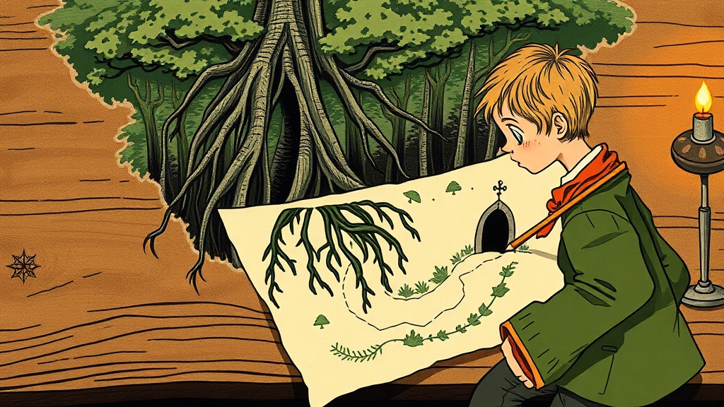 A hand-drawn map on parchment showing an upside-down forest with roots reaching into the sky, and a small round door in the forest with a tiny glowing sign above it, the map resting on a wooden table lit by oven glow.