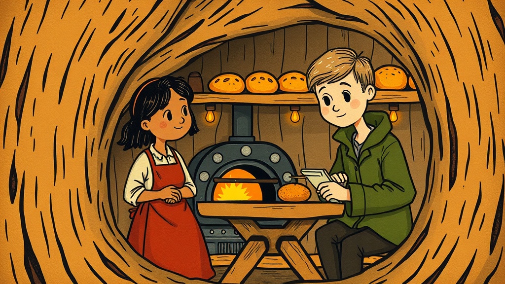 A cosy interior of a bakery inside a hollow tree, with a small wooden table, a glowing iron oven, and a shelf lined with golden loaves of bread, everything bathed in warm amber light.