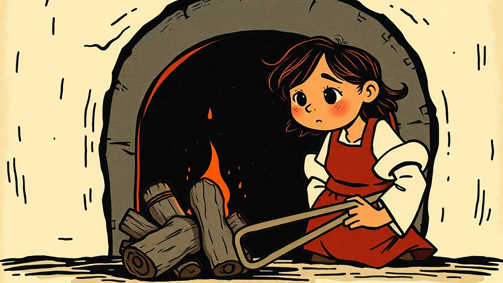 A close-up of a small iron oven door open just a crack, showing a single tiny orange ember glowing inside, with a pair of long tongs resting beside a pile of kindling in the foreground.
