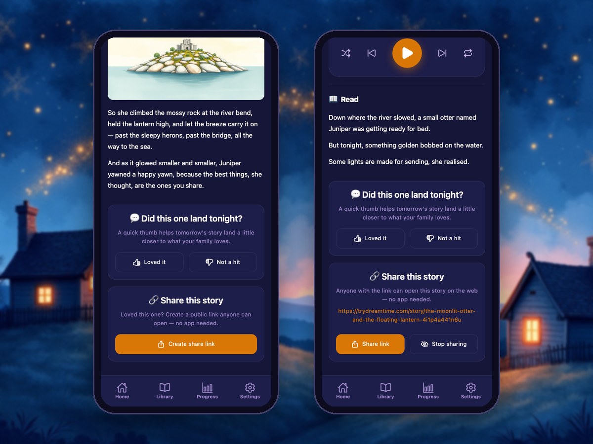 The new Share this story card — one tap creates a public link.