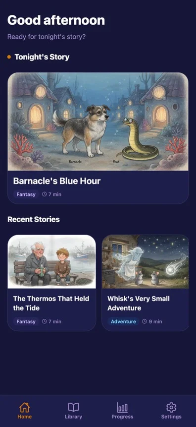 The Dreamtime home screen showing tonight's illustrated bedtime story