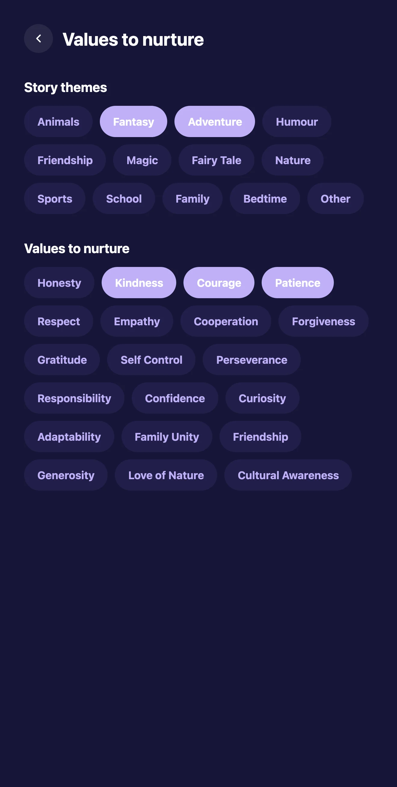 Story preferences: choose themes and values such as kindness, courage and patience